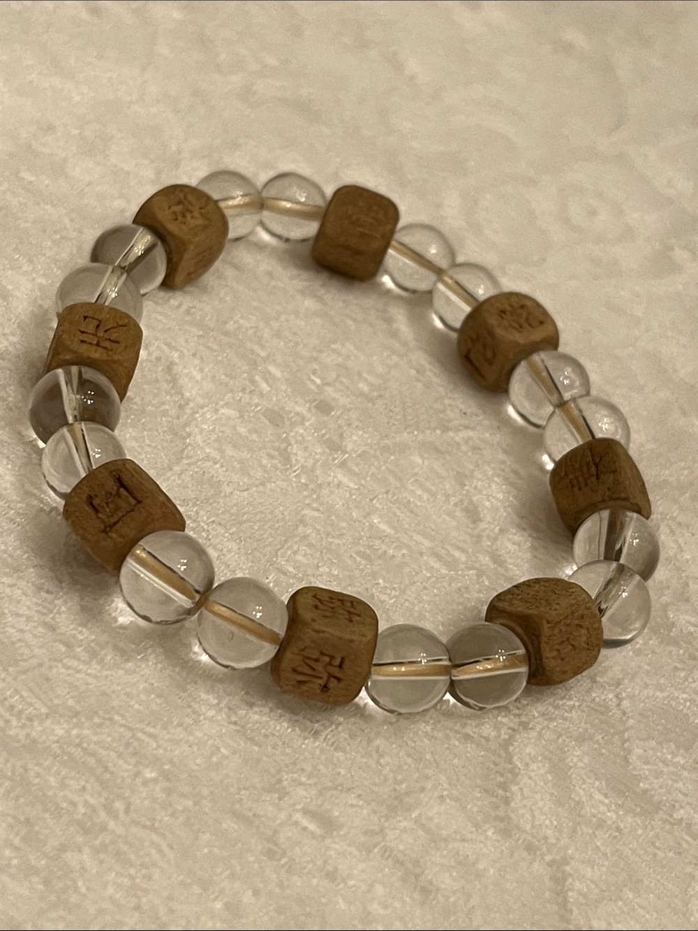 Clear Quartz and Wood Bead Stretch Bracelet - Natural Clear